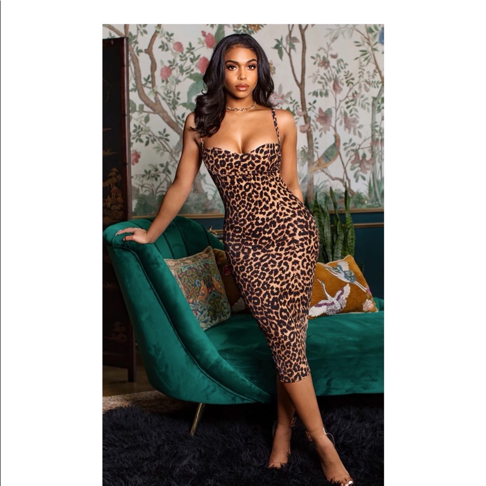Leopard Print Strappy Cup Detail Midi Dress